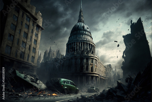 A city view destroyed by war and bombs concept. Ai Generated.