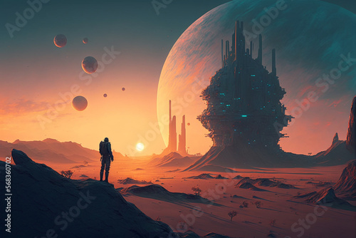 a researcher of new worlds against the background of an inspiring futuristic alien landscape with a city in the desert, the concept of interplane, created by a neural network, Generative AI technology