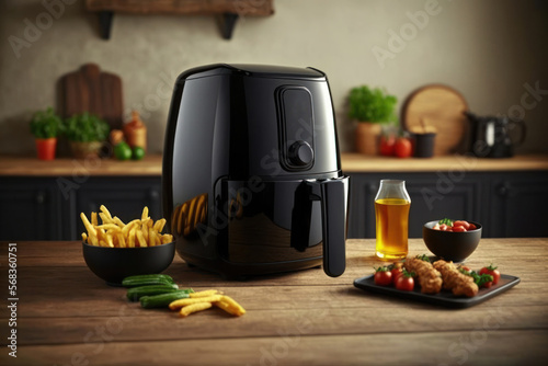 a black deep fryer or oil free fryer , air fryer appliance is on white marble table in nice interior design kitchen dinning room of the house during cooking dinner for family member.ai generate.
