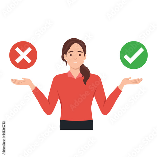 Concept illustration of Woman choose between right or left, yes or no, Business decisions, ethical dilemma, choose. Flat vector illustration isolated on white background