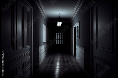 Monochrome Of Dark Hallway Passage Black Shadow Window AI Generated