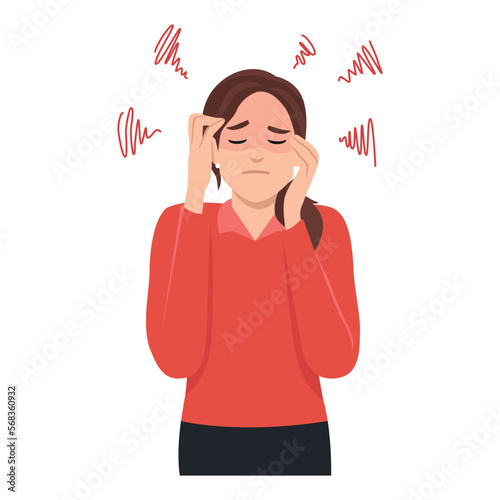 Young woman hold her head because of illness or stress at work. Flat vector illustration isolated on white background