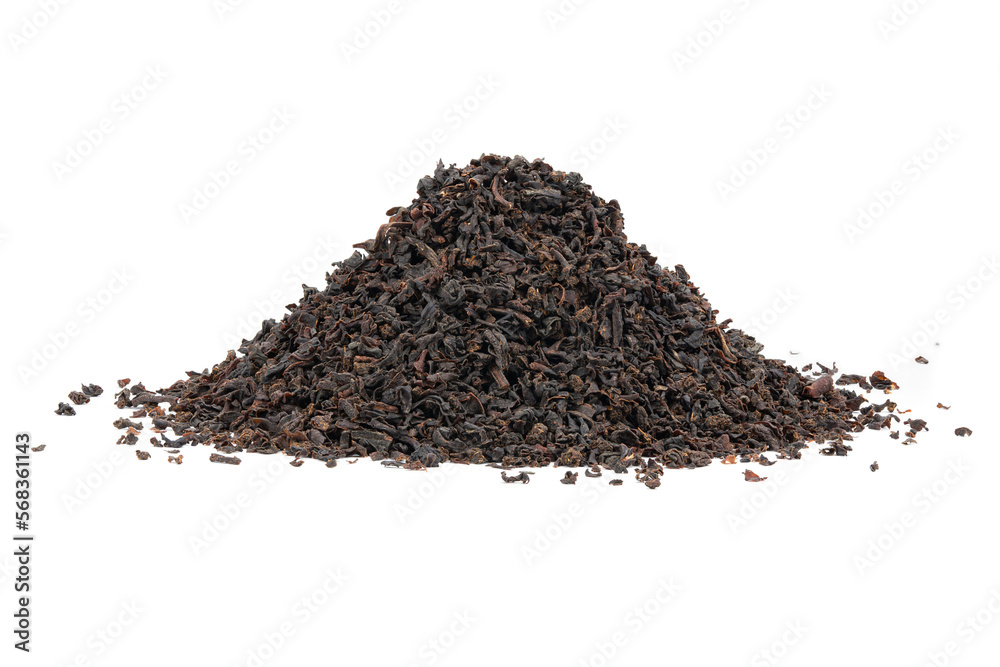 Dry black tea leaves isolated on white background. Black Ceylon tea. Dry black tea leaves isolated on white background. Black Ceylon tea.