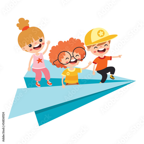 Cartoon Kids Flying With Paper Plane