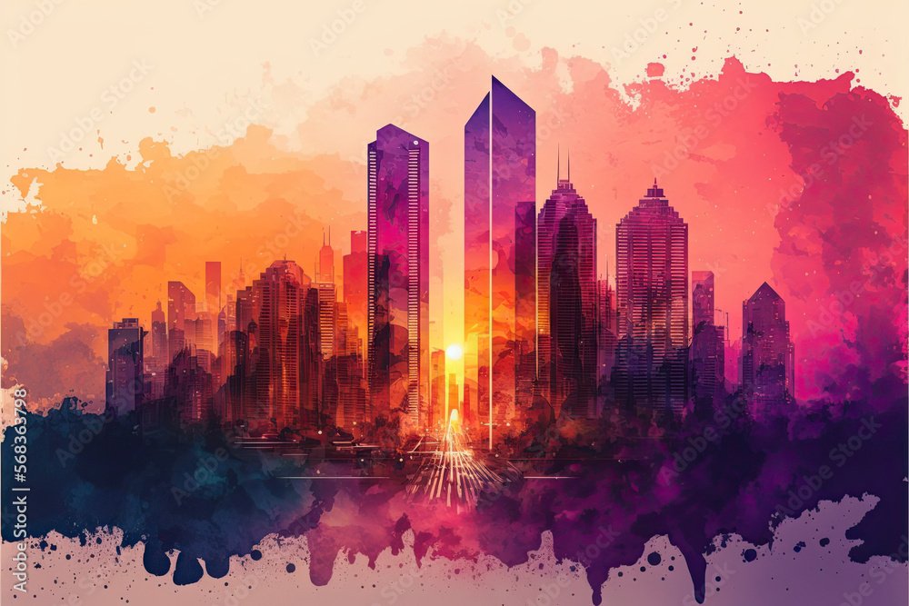 City skyline in the watercolor city.  sunset city. architecture display. modern architecture. generative ai