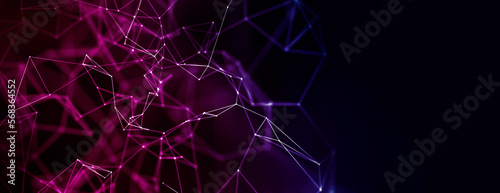 Abstract geometric data block chain with triangular cells connecting dots background in blue and purple.