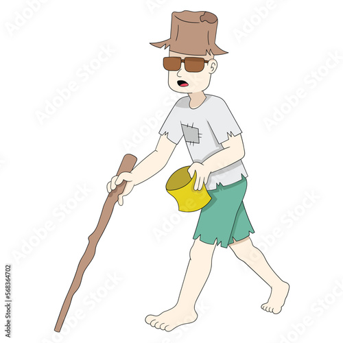 a blind beggar was walking with a bag asking for money