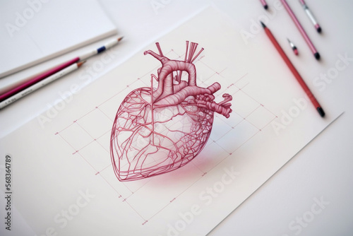 Drawing red heart in paper for valentines day created with generative AI Technology. photo