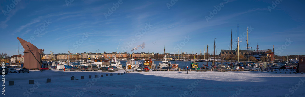 Panorama over the bay Ladugårdsgärde viken boats at piers, museums and water front apartment buildings a sunny snowy winter day in Stockholm