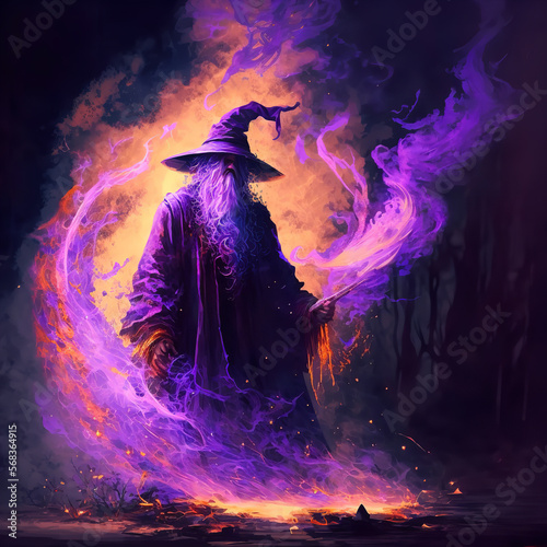 wizard surrounded by purple fire Generative AI
