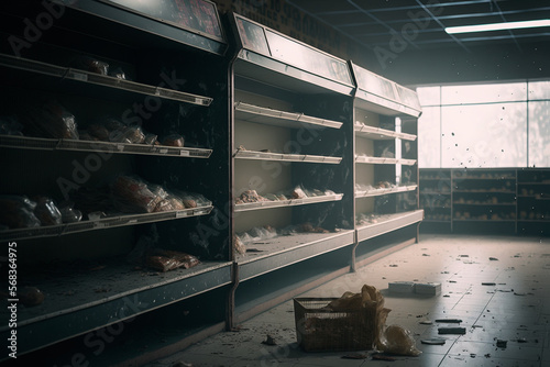 empty shelves in an abandoned supermarket, created by a neural network, Generative AI technology