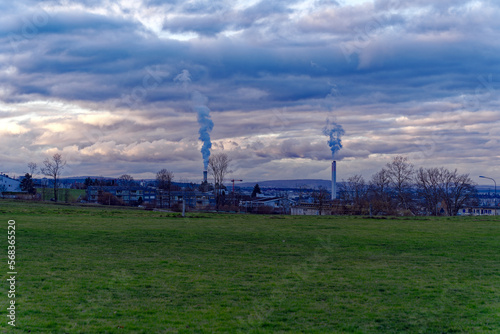 Scenic view over City of Zürich North with skyline and dramatic sky on a winter evening. Photo taken February 4th, 2023, Zurich, Switzerland.