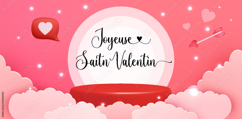 Joyeuse Saint Valentin French lettering - Happy Valentines Day elegant card. Valentine holiday golden calligraphy with red origami paper hearts, romantic France banner design. Festive vector Joyeuse Saint Valentin French lettering - Happy Valentines Day elegant card. Valentine holiday golden calligraphy with red origami paper hearts, romantic France banner design. Festive vector