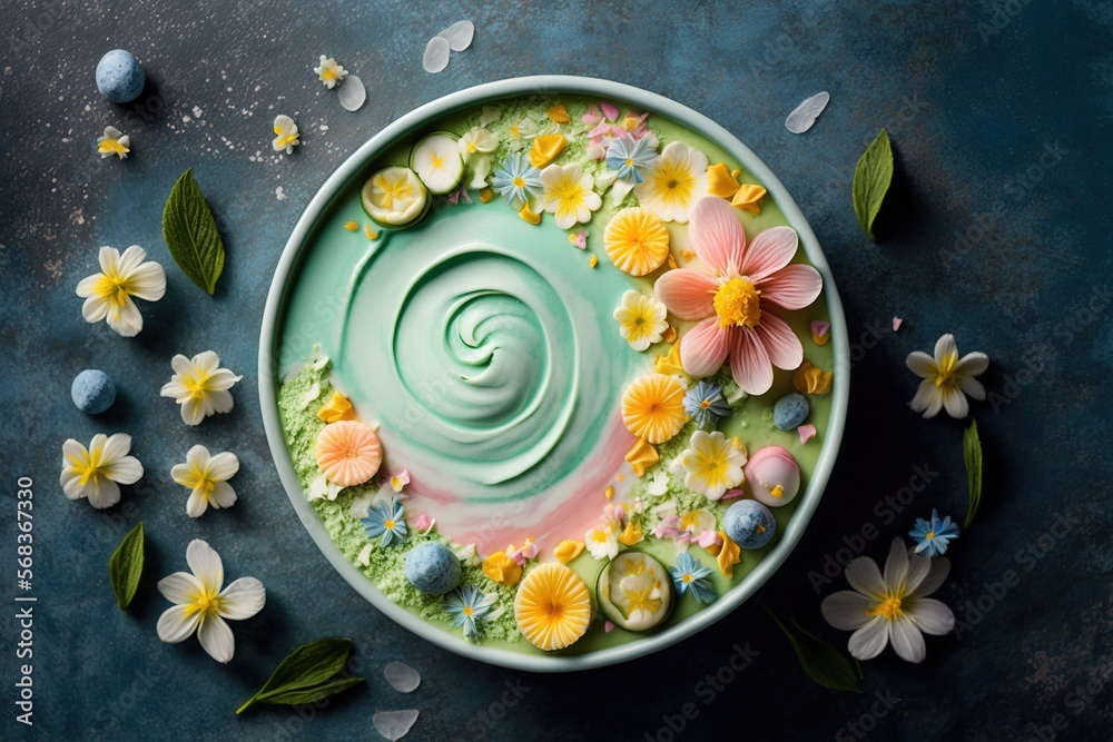 A spring-themed smoothie bowl with textured toppings in pastel colors | generative AI