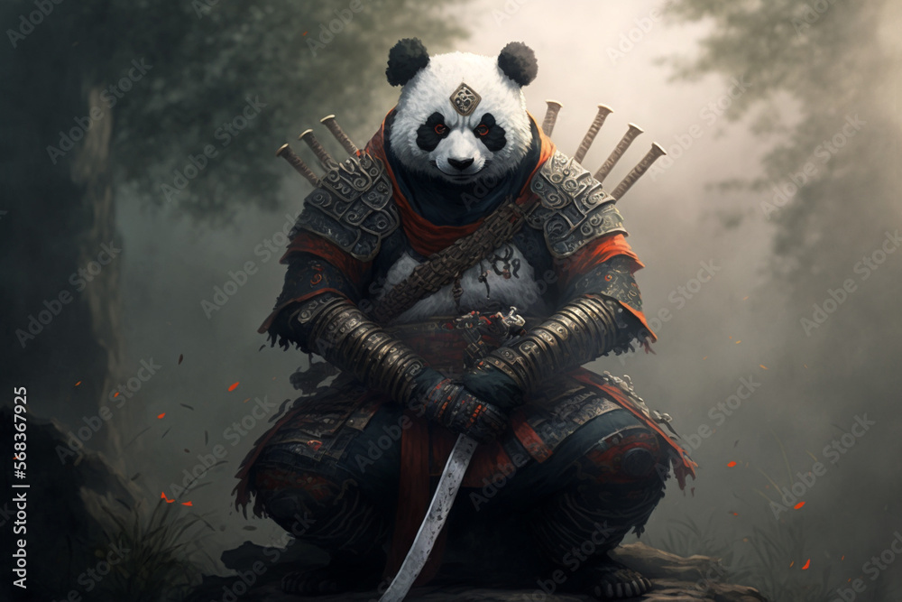 panda samurai, created by a neural network, Generative AI technology  Illustration Stock