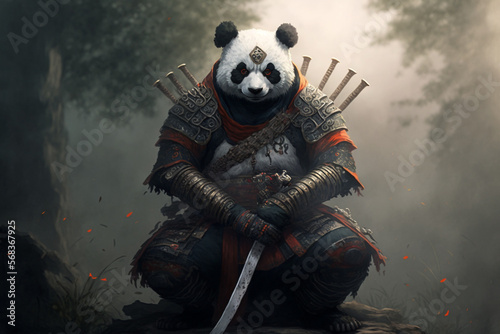 panda samurai, created by a neural network, Generative AI technology photo