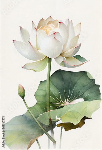 Watercolor painting of blooming lotus flowers, Generative AI