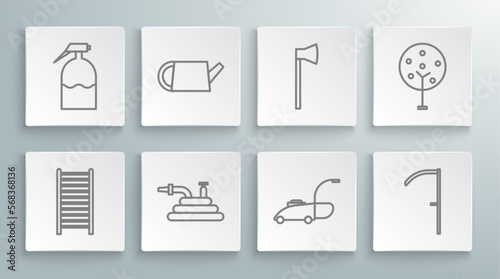 Set line Wooden staircase, Watering can, Garden hose or fire hose, Lawn mower, Scythe, axe, Tree and sprayer icon. Vector
