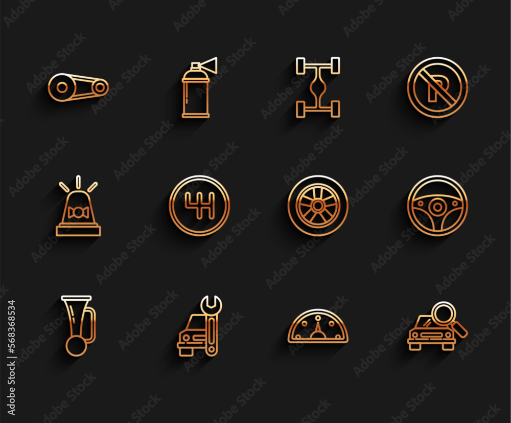 Set line Signal horn on vehicle, Car service, Timing belt kit, Speedometer, search, Gear shifter, Steering wheel and icon. Vector Set line Signal horn on vehicle, Car service, Timing belt kit, Speedometer, search, Gear shifter, Steering wheel and icon. Vector