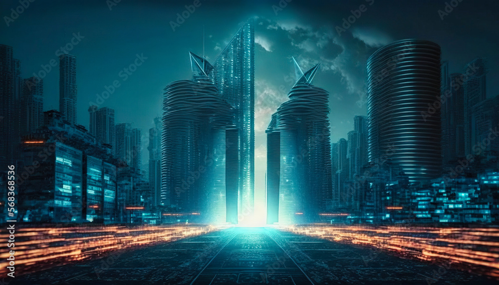 Smart city, techno mega city, iot. Background for tech titles , news headline. Generative AI