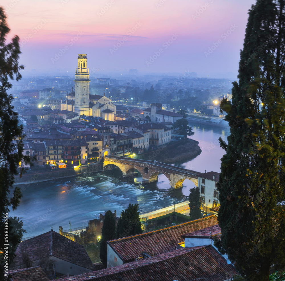 Panoramic view of Verona historical city centre, Ponte Pietra bridge across Adige river, Veneto Region, Italy. Verona 