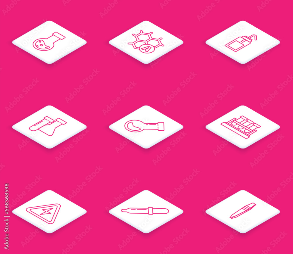 Set line Test tube and flask chemical, Chemical formula, Laboratory wash bottle, High voltage sign and Pipette icon. Vector Set line Test tube and flask chemical, Chemical formula, Laboratory wash bottle, High voltage sign and Pipette icon. Vector