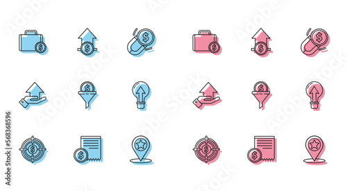 Set line Target with dollar, Paper check and financial check, Briefcase money, Map pointer star, Lead management, Light bulb, Money hand and Financial growth coin icon. Vector