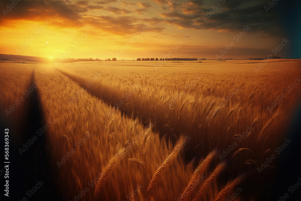 ripe wheat on a golden colored field at dusk. On the field, soft fuzz. Harvested field in southern Ukraine. Generative AI