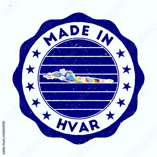 Made In Hvar. Island round stamp. Seal of Hvar with border shape. Vintage badge with circular text and stars. Vector illustration.