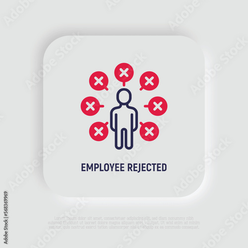 Candidate for job is rejected thin line icon. Not enough qualifications. Checklist around man with cross marks. Modern vector illustration. photo