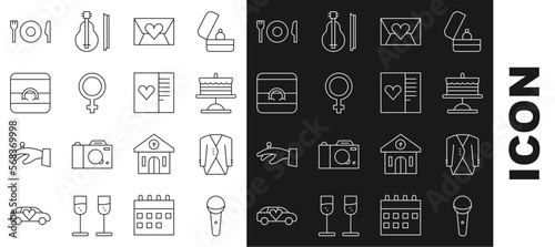 Set line Microphone, Suit, Cake plate, Envelope with Valentine heart, Female gender symbol, Wedding rings, Plate, fork and knife and Postcard icon. Vector
