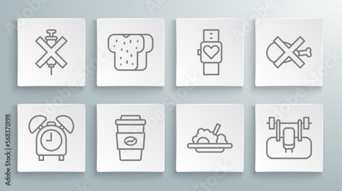 Set line Alarm clock, Bread toast, Coffee cup go, Healthy food, Bench with barbel, Smart watch, No meat and doping syringe icon. Vector