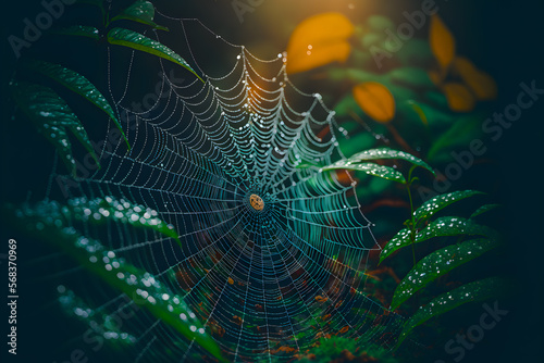 Spider web in a humid forest in fern bushes. Generative AI technology.