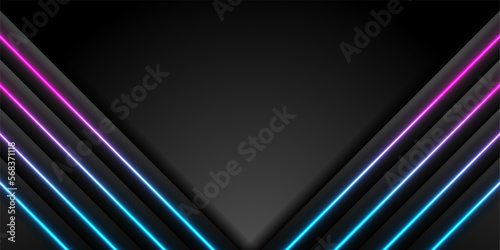 Black abstract striped background with blue ultraviolet neon lines. Futuristic vector design
