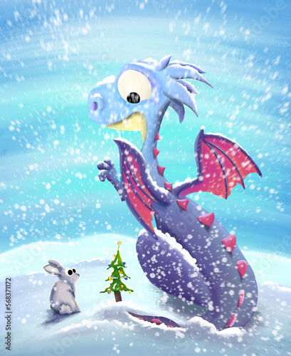 Drawing of a dragon with a bunny in the snow