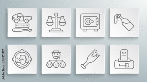 Set line Headshot, Scales of justice, Mafia, Broken bottle as weapon, Grave with tombstone, Safe, Cocktail molotov and Car theft icon. Vector