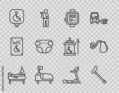 Set line Patient with broken leg, Walking stick cane, Smart watch, Hospital bed, Disabled wheelchair, Adult diaper, Treadmill machine and Hearing aid icon. Vector