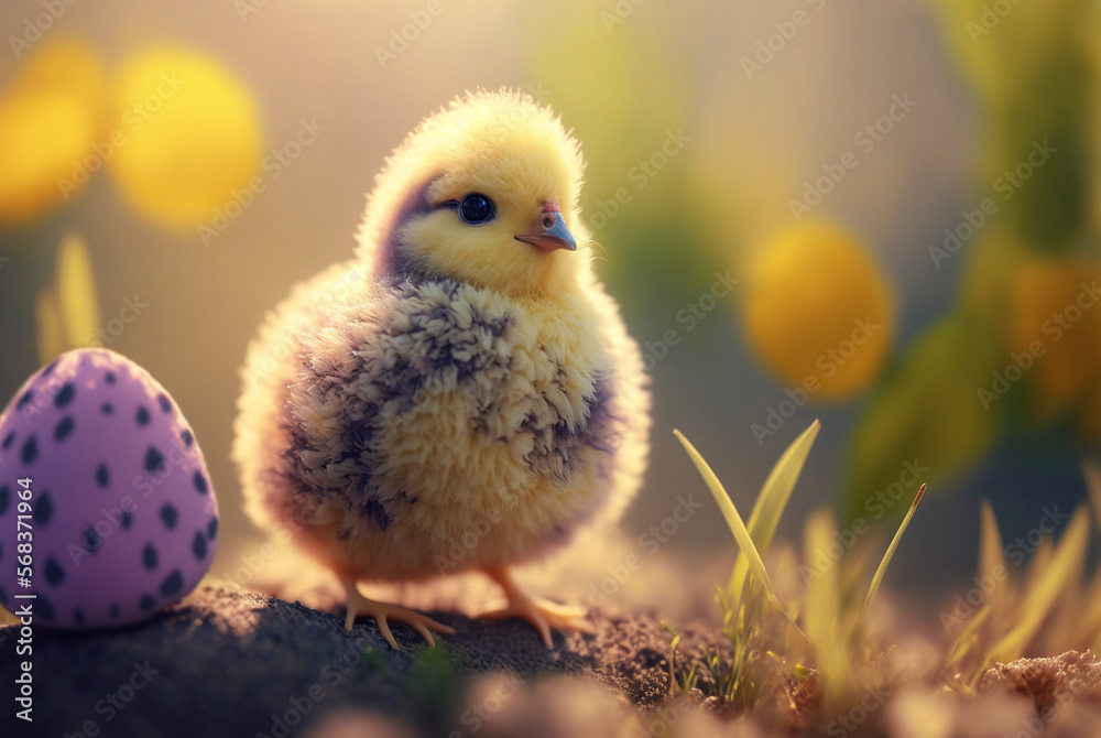 Small chicken stands on the ground, next to it stands a purple egg with polka dots, against the background of grass and flowers. AI generative