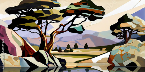 Seasons in the Mountains  A Surrealist  Cubist  Impressionist Landscape with Japanese Influence  Elongated Hills  and a Muted Color Palette. Generative AI