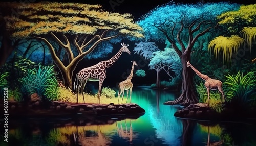 An African tropical rainforest landscape with giraffes and trees along a river is shown in a 3D watercolor painting. Generative Ai. © MinixT