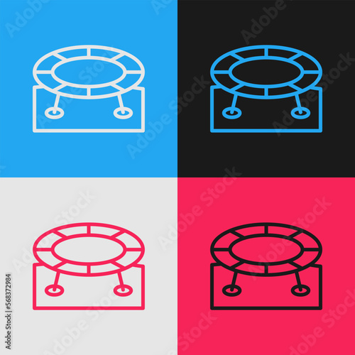 Pop art line Jumping trampoline icon isolated on color background. Vector