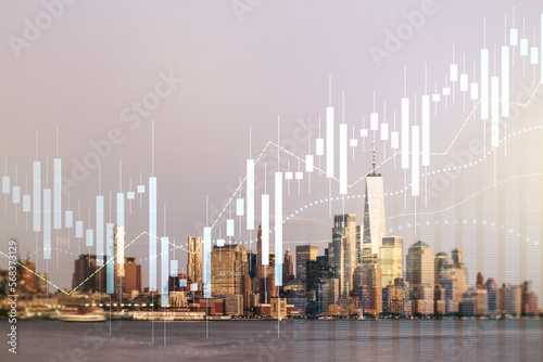 Abstract virtual financial graph hologram on New York skyline background  forex and investment concept. Multiexposure
