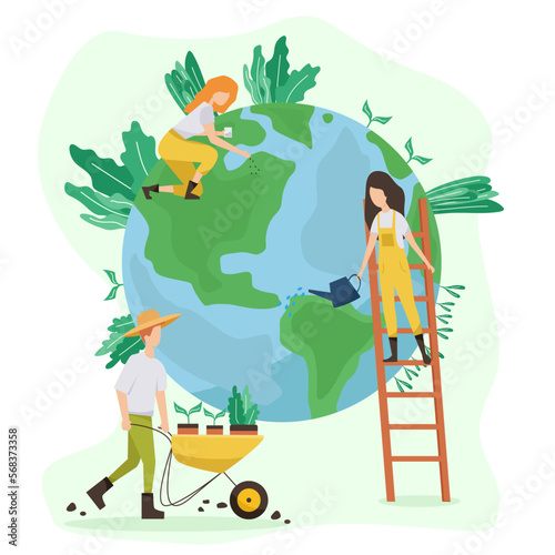 Ecology concept. People take care of planet ecology. Protect nature and ecology banner. Earth day. Globe with trees, plants and volunteer people.