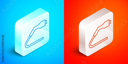 Isometric line Electrical cable plug charging icon isolated on blue and red background. Renewable eco technologies. Silver square button. Vector