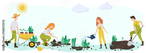 Gardening people spring. flat vector concept illustration women, doing hobby garden work.Spring gardening concept