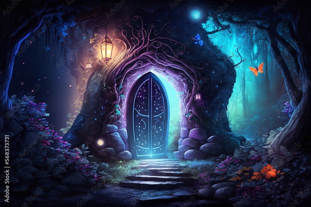 Fantasy enchanted fairy tale woodland with flying fairytale magic butterflies in the trees, magical opening hidden doors. Generative Ai. - obrazy, fototapety, plakaty 