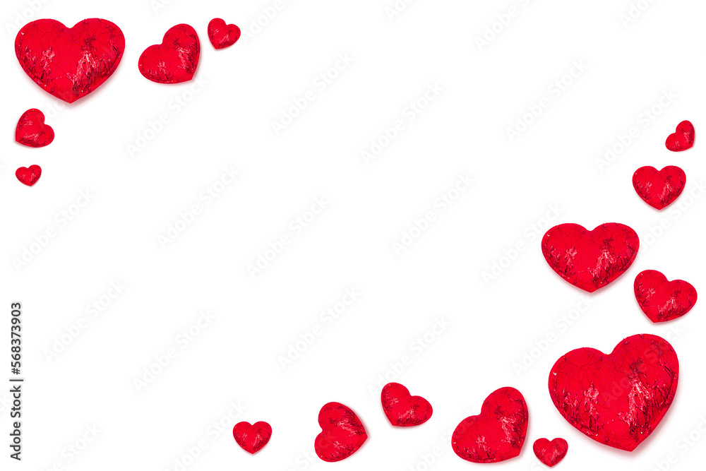 Frame made of red decorative hearts isolated on white background. Love. Valentine's Day concept. Free space for text. Frame made of red decorative hearts isolated on white background. Love. Valentine's Day concept. Free space for text.