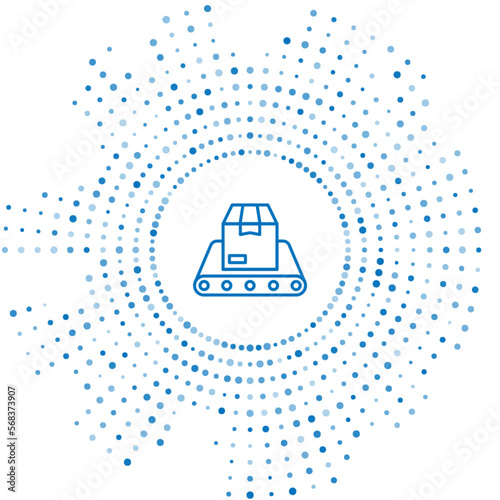 Blue line Conveyor belt with cardboard box icon isolated on white background. Abstract circle random dots. Vector