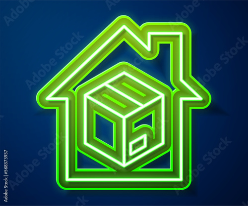 Glowing neon line Home delivery services icon isolated on blue background. Vector