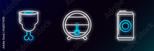 Set line Beer can, Chicken leg and Wooden barrel on rack with stopcock icon. Glowing neon. Vector